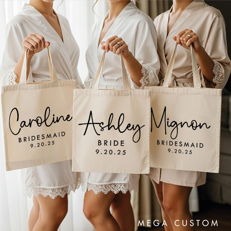Personalized Bridesmaid Name and Title Canvas Tote Bag Custom Bride Wedding Date Beach Tote Bag Maid of Honor Bachelorette Party Bridal Shower Gift