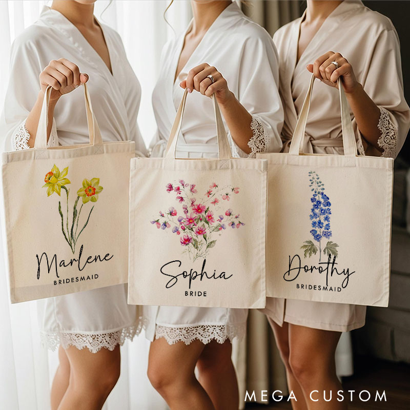 Personalized Bridesmaid Colorful Birth Flower Canvas Tote Bag Bride Month Flower Wedding Beach Bag Maid of Honor Bachelorette Party Bridal Shower Gift
