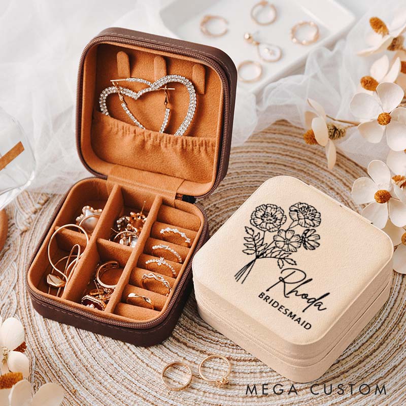 Personalized Bridesmaid Name Birth Flower Jewelry Box Bride Month Flower Jewelry Box Maid of Honor Ring Box Bachelorette Party Bridal Shower Gifts