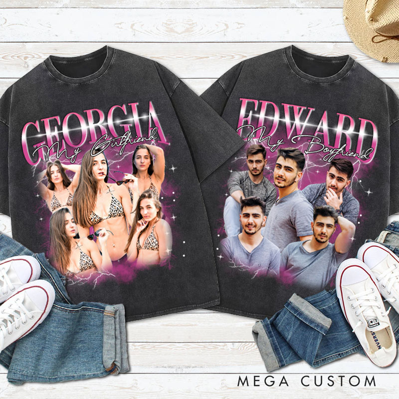 Personalized Girlfriend Bootleg Style Washed T-Shirt Custom Text Boyfriend Photo Tee Couple Face Rap Style Shirt Valentine's Day Gift for Wife Husband
