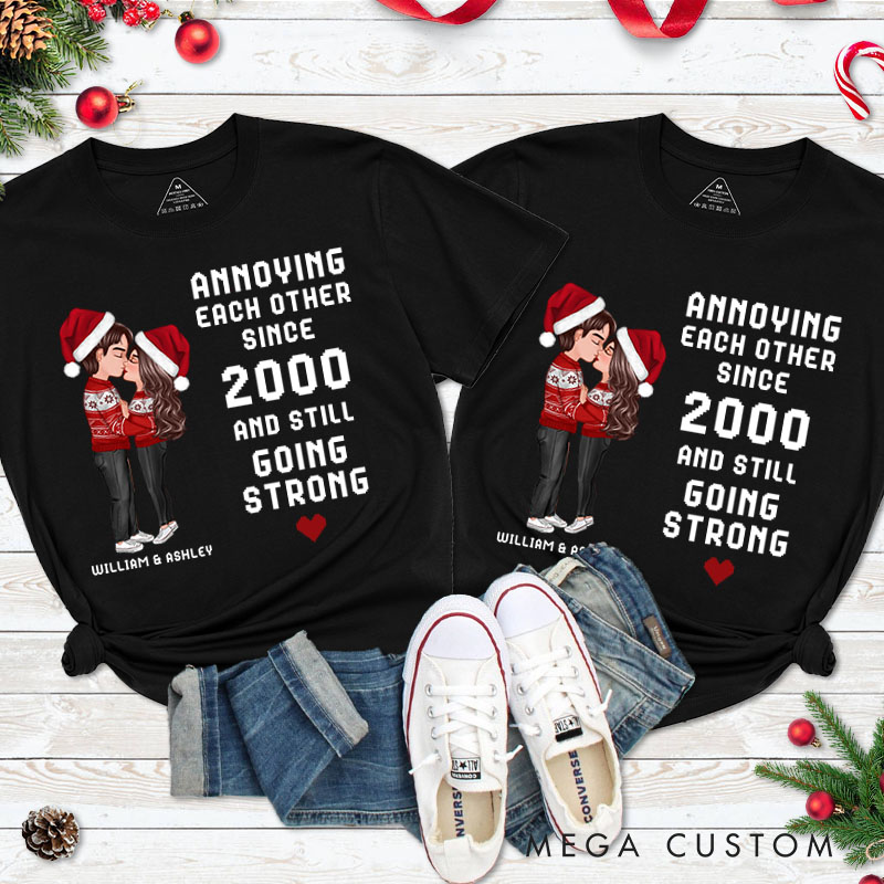 Personalized Christmas Hugging Kissing Couple T-Shirt Xmas Gift Shirt for Him Her Christmas Couple Top Cloth