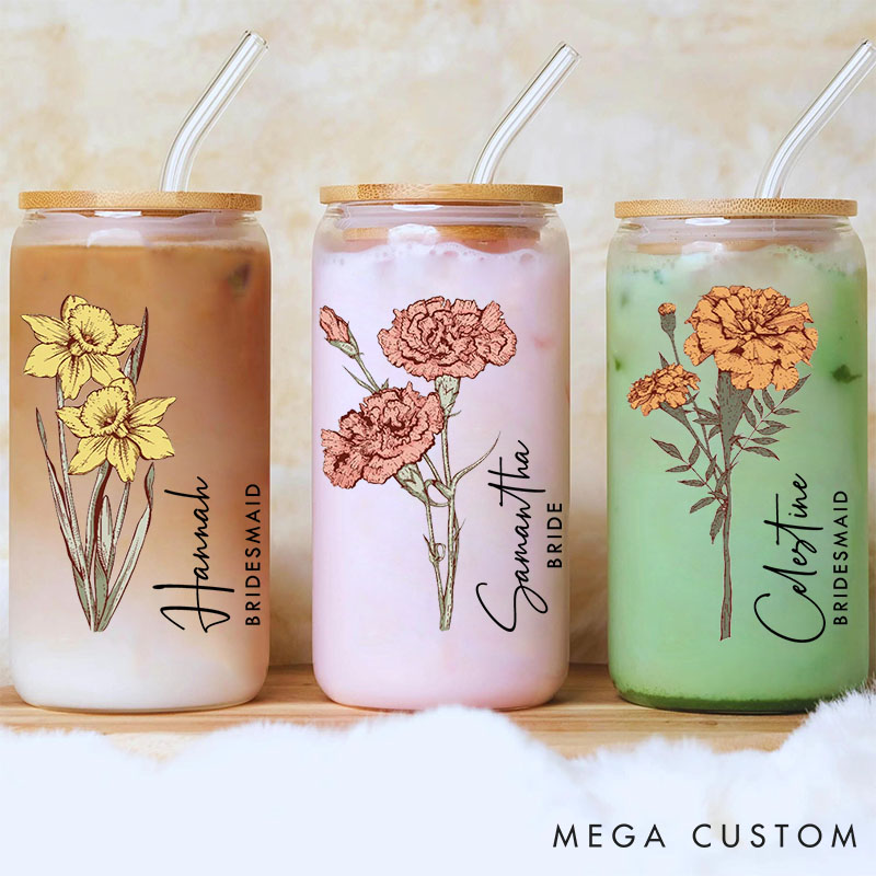 Personalized Bridesmaid Birth Flower Can Glasses with Lid and Straw Custom Bride Name Month Flower Coffee Cup Bridal Shower Bachelorette Party Gift