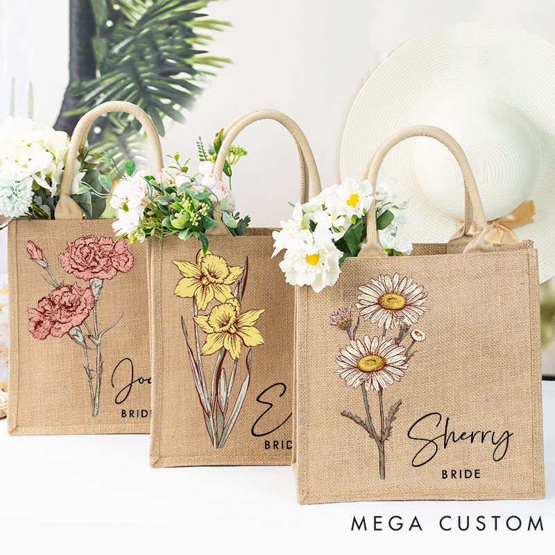 Personalized Bridesmaid Birth Flower Burlap Tote Bag Custom Bride Month Flower Wedding Beach Jute Tote Bag Bachelorette Party Favor Bridal Shower Gift