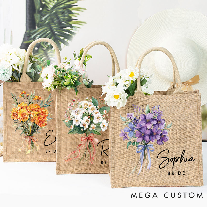 Personalized Bridesmaid Elegant Birth Flower Burlap Tote Bag Bride Month Flower Wedding Beach Jute Tote Bag Bachelorette Party Bridal Shower Gift