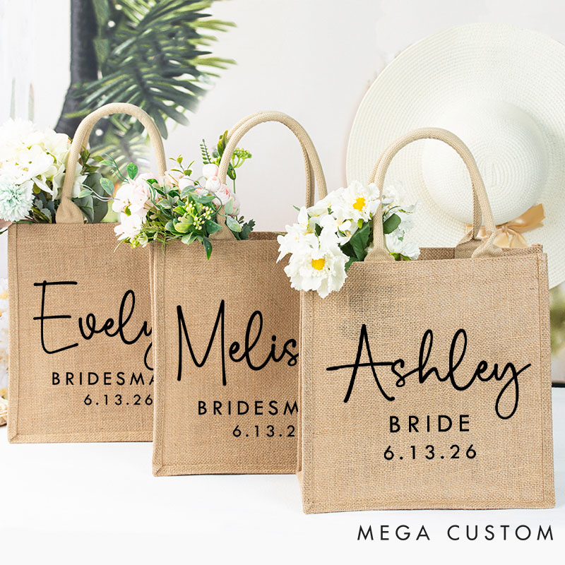 Personalized Bridesmaid Burlap Tote Bag Custom Bride Month Flower Jute Tote Bag Wedding Date Beach Tote Bag Bachelorette Party Bridal Shower Gift