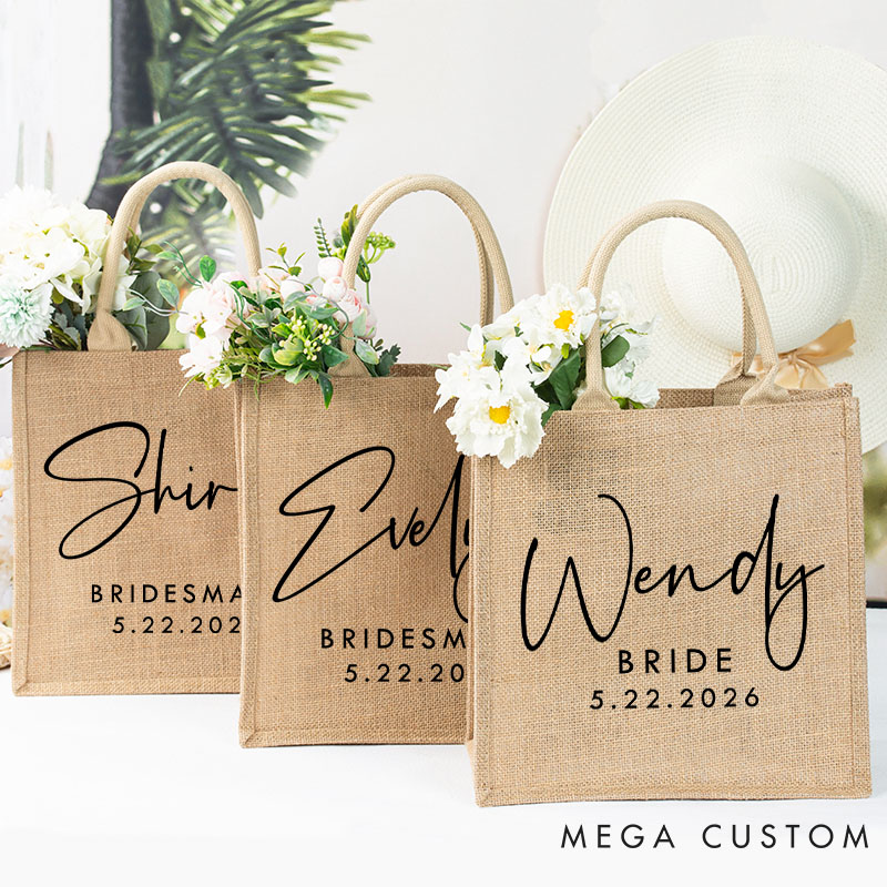 Personalized Minimalist Bridesmaid Burlap Tote Bag Custom Bride Name Jute Tote Bag Wedding Date Beach Bag Bachelorette Party Favors Bridal Shower Gift