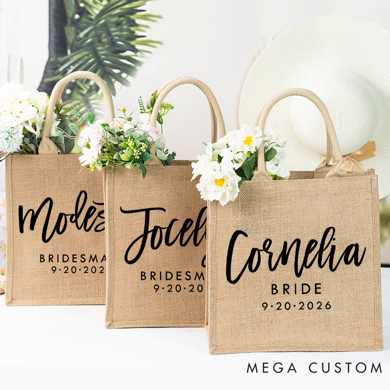 Personalized Bridesmaid Boho Burlap Tote Bag Custom Bride Name Jute Tote Bag Wedding Date Beach Bag Bachelorette Party Favors Bridal Shower Gift
