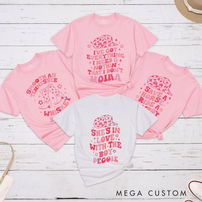 Personalized Country Bride She's in Love with the Boy Matching T-Shirt Bridesmaid Cowgirl Hat T-Shirt Team Bride Wedding Bachelorette Party Gift
