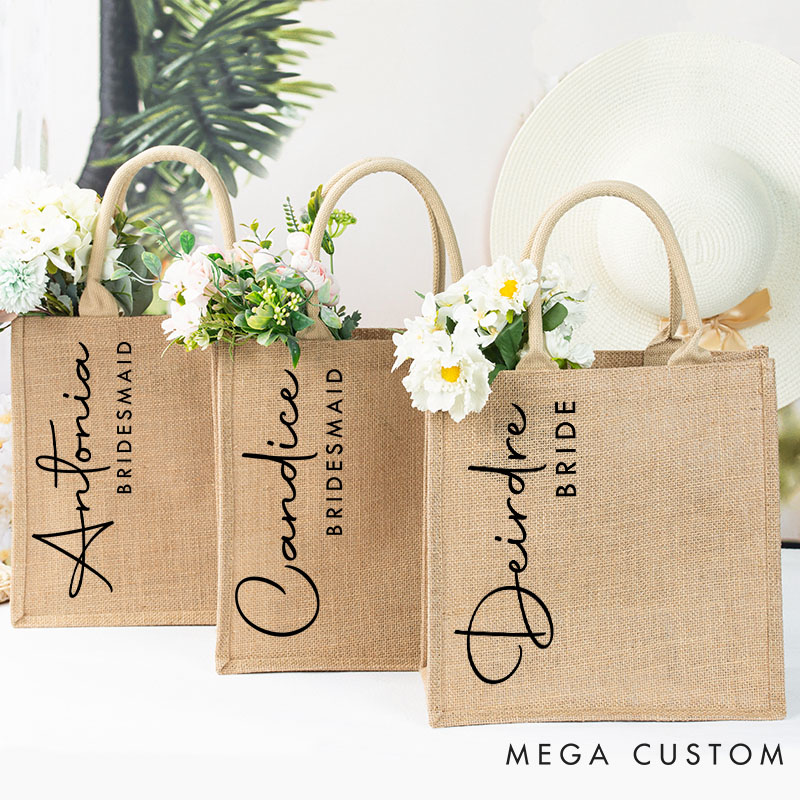 Personalized Bridesmaid Stylish Burlap Tote Bag Custom Bride Name Jute Tote Bag Wedding Beach Bag Bachelorette Party Favors Bridal Shower Gift