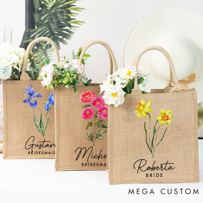 Personalized Bridesmaid Birth Flower Burlap Tote Bag Custom Bride Month Flower Beach Bag Wedding Jute Tote Bag Bachelorette Party Bridal Shower Gift