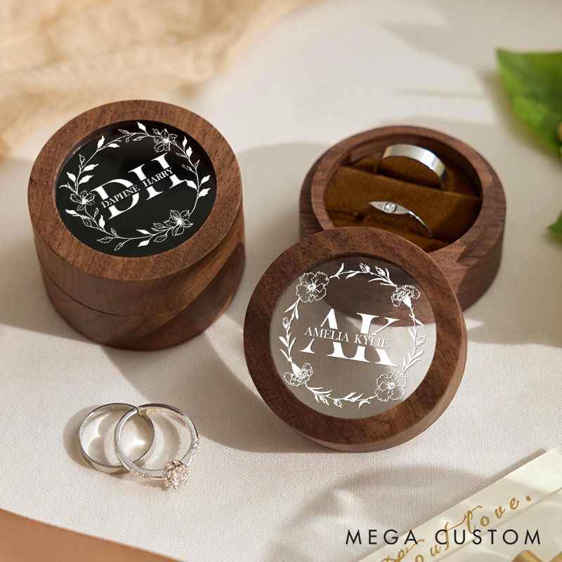 Personalized Couple Wedding Birth Floral Wreath Wood Ring Box Newlyweds Initial Name Ring Box with Acrylic Cover Engaged Ring Holder Husband Wife Gift