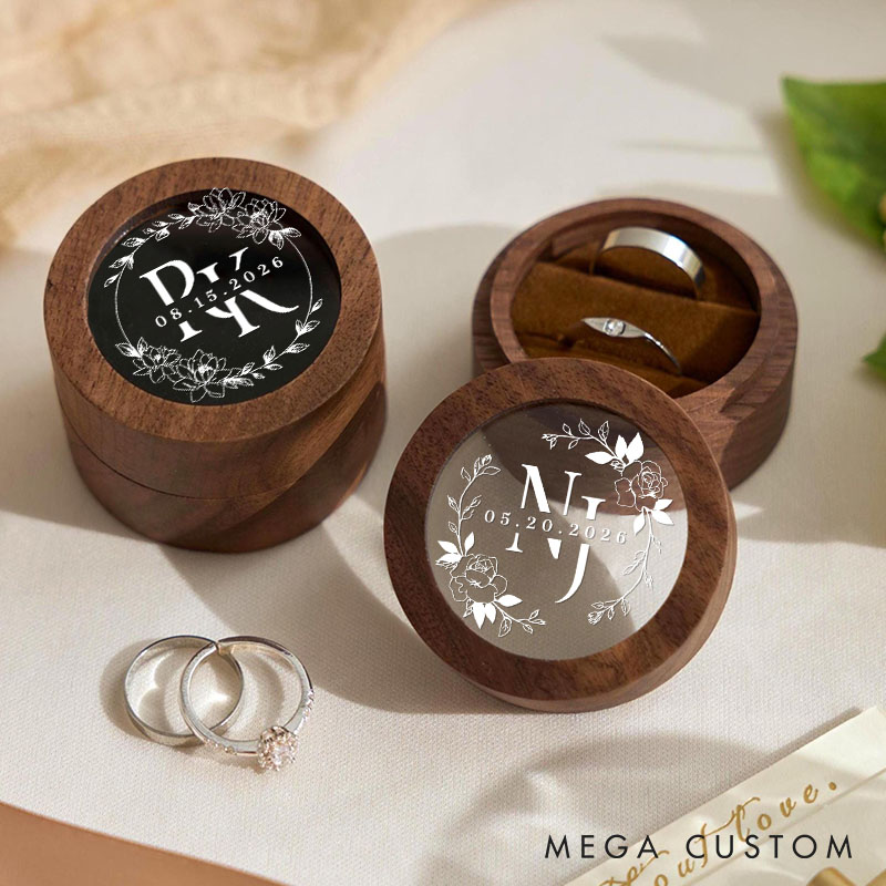Personalized Couple Wedding Birth Floral Wreath Wood Ring Box Newlyweds Initial Ring Box with Acrylic Cover Engaged Date Ring Holder Husband Wife Gift