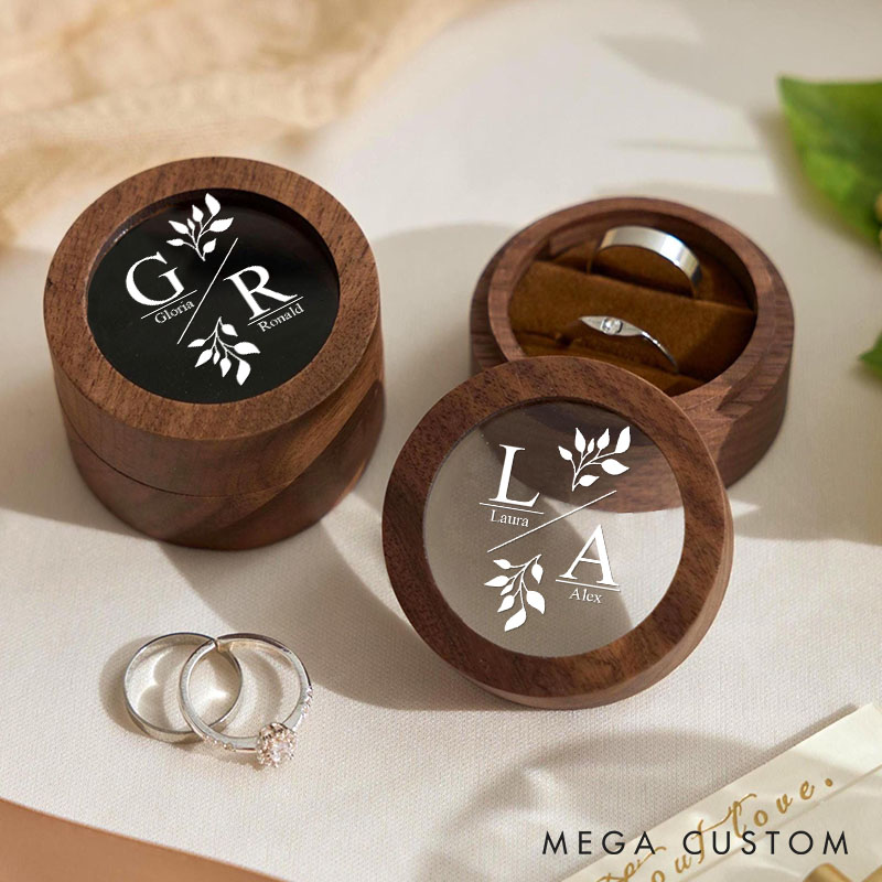 Personalized Couple Wedding Delicate Leaf Wood Ring Box Newlyweds Initials Name Ring Box with Acrylic Cover Engaged Ring Holder Husband Wife Gift