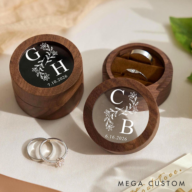 Personalized Couple Wedding Floral Leaf Wood Ring Box Custom Newlyweds Initials Ring Box with Acrylic Cover Engaged Date Ring Holder Husband Wife Gift