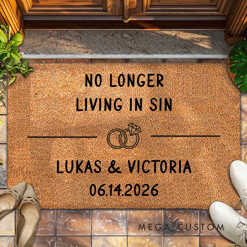 Personalized Couple No Longer Living in Sin Doormat Custom Newlyweds Name Doormat with Established Date New Couple Wedding Engagement Gift for Him Her