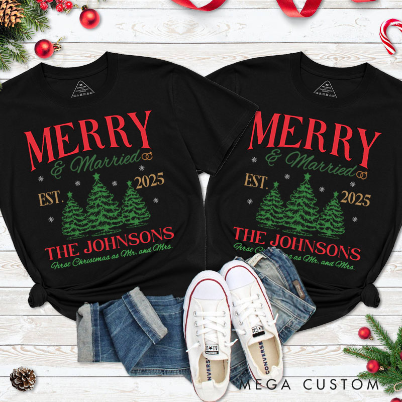 Personalized Joyful Merry and Married the First Christmas as Mr and Mrs Classic T-Shirt