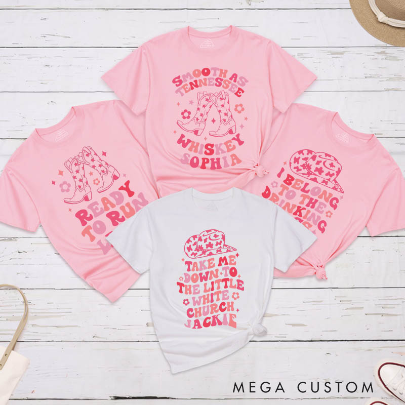 Personalized Bride Take Me Down to the Little White Church T-Shirt Country Cowgirl Hat Bridesmaid T-Shirt Wedding Team Bride Bachelorette Party Gift