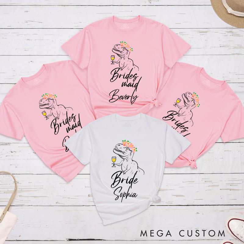 Personalized Bride Floral Crown Dinosaur with Drink Matching T-Shirt Bridesmaid T-Shirt Maid of Honor Wedding Day T-Shirt Bachelorette Party Gift