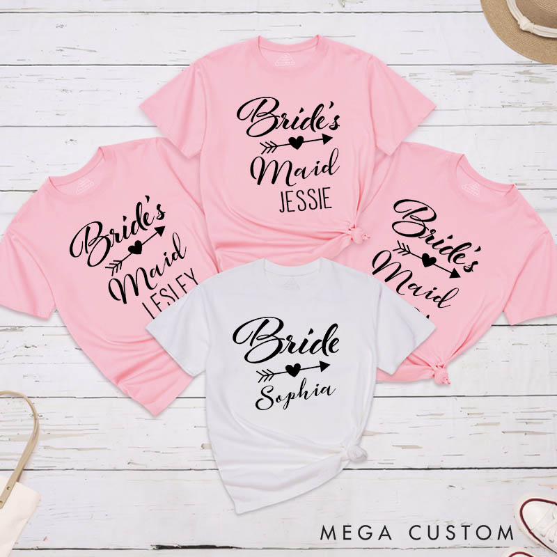 Personalized Bride with Heart Arrow Matching T-Shirt Bridesmaid T-Shirt with Name Maid of Honor Wedding Day T-Shirt Bachelorette Party Gift