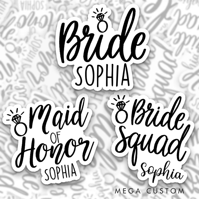 Personalized Bride with Diamond Ring Sticker Maid of Honor Sticker with Custom Name Bride Squad Sticker Bridesmaid Sticker Bachelorette Party Sticker