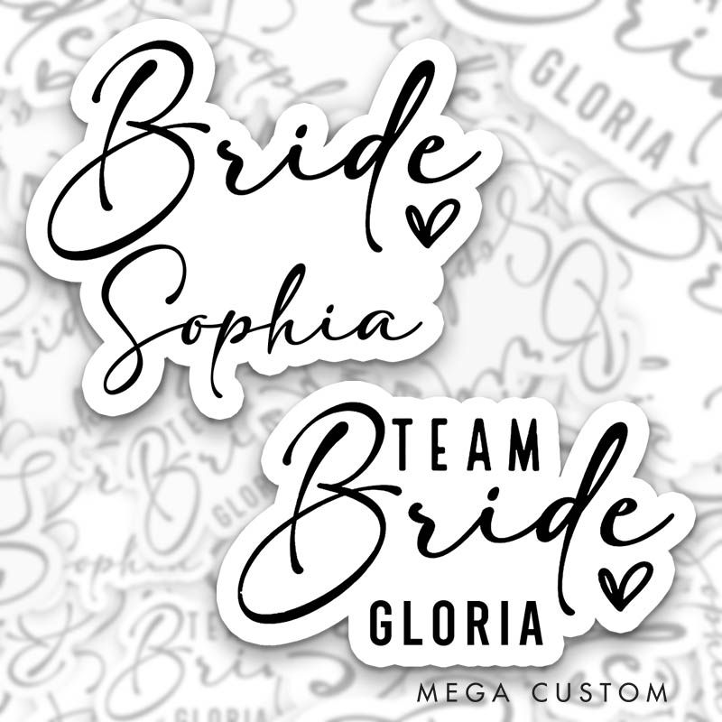 Personalized Minimalist Heart Bride Sticker with Custom Name Team Bride Sticker Bridesmaid Wedding Hen Party Sticker Bachelorette Party Sticker