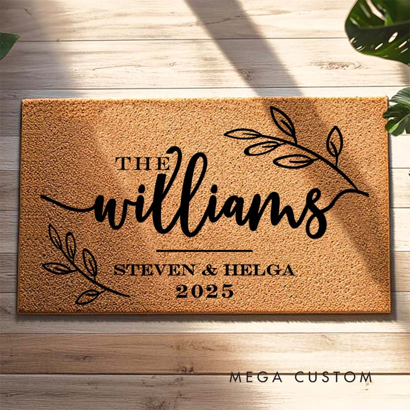 Personalized Couple Last Name with Leaf Wreath Doormat Custom Newlyweds First Name Date Door Mat Mr and Mrs Hubby Wifey Husband Wife Gift for Him Her
