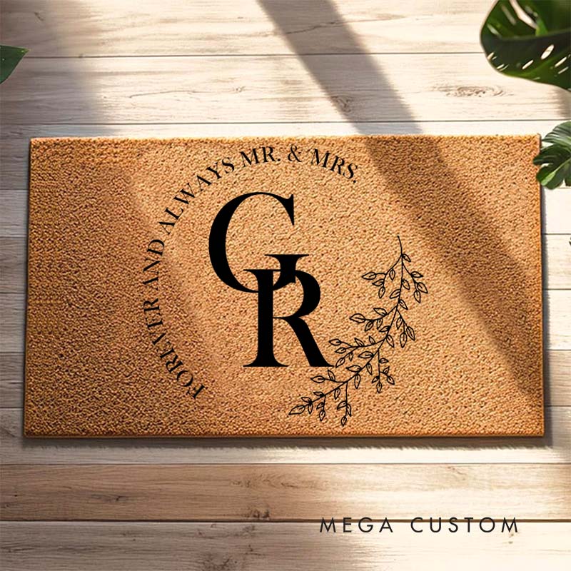 Personalized Couple Forever and Always Mr. and Mrs. Doormat Newlyweds Initials Door Mat Round Wreath Doormat Hubby Wifey Husband Wife Gift for Him Her