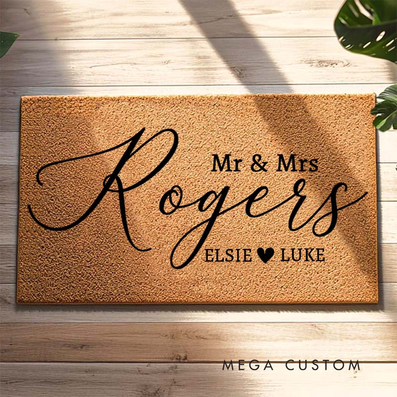 Personalized Couple Mr. and Mrs. Last Name Doormat Custom Newlyweds First Name with Heart Door Mat Doormat Hubby Wifey Husband Wife Gift for Him Her