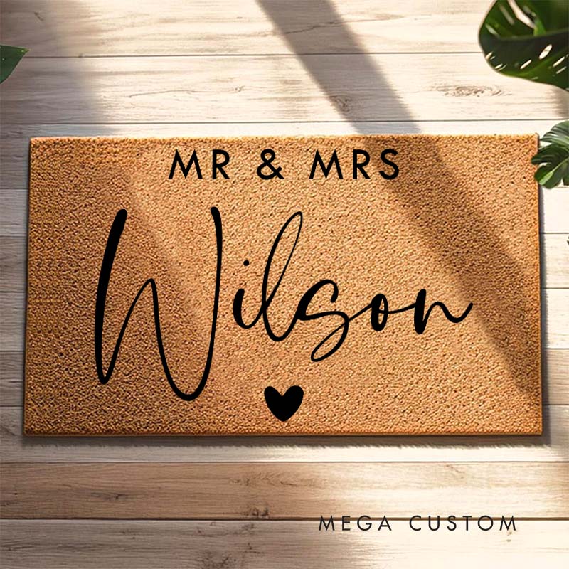 Personalized Couple Mr. and Mrs. Last Name with Heart Doormat Custom Newlyweds Door Mat Valentine's Day Hubby Wifey Husband Wife Gift for Him Her