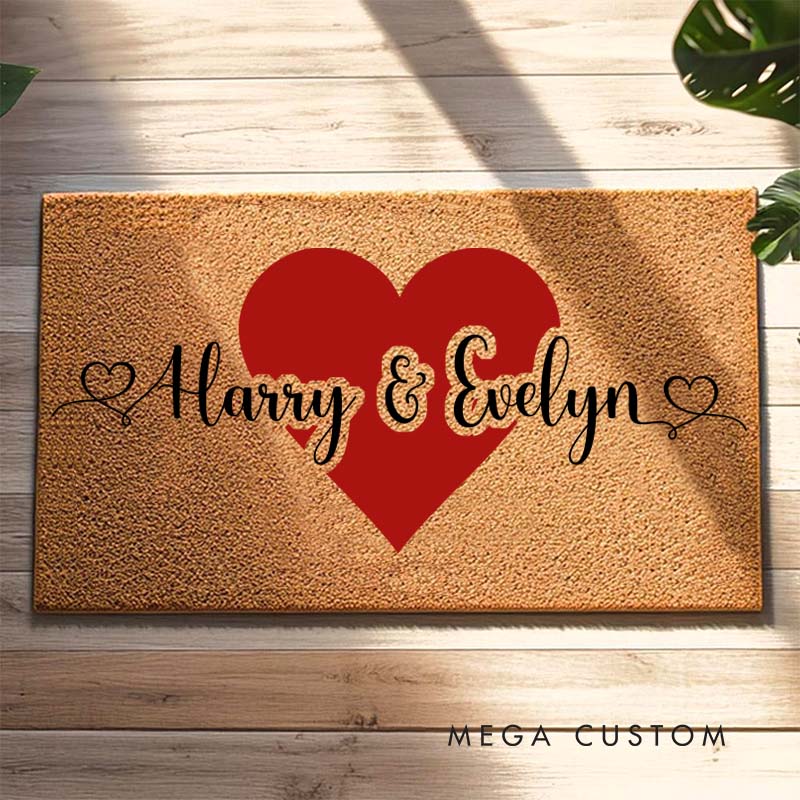 Personalized Couple Name with Red Heart Doormat Newlyweds Door Mat Boyfriend Girlfriend Valentine's Day Gift Wedding Husband Wife Gift for Him Her