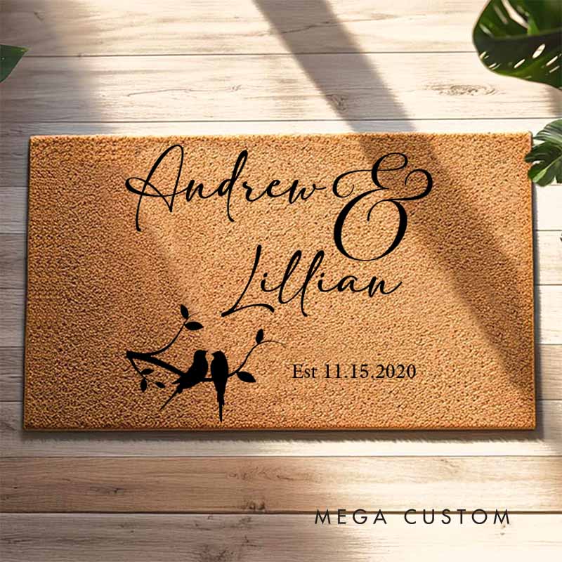 Personalized Love Birds Couple Doormat Custom Wedding Anniversary Gift Doormat for Couple Home Decor Doormat with Name and Date