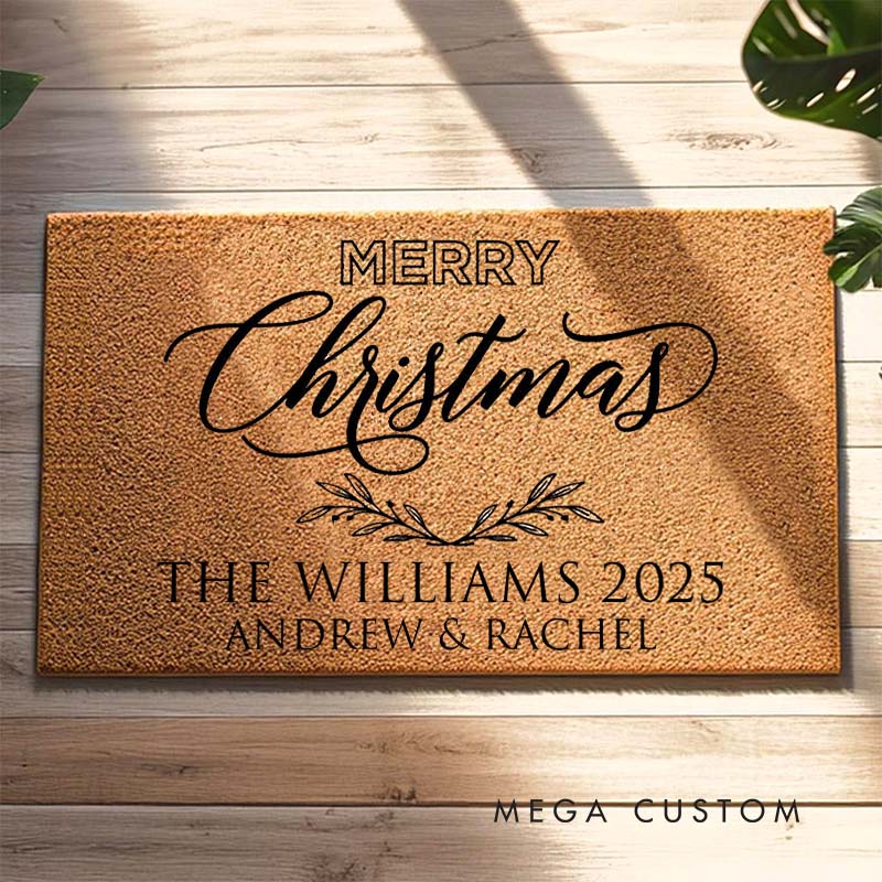Personalized Couple Last Name Merry Christmas with Leaf Wreath Doormat Custom Newlyweds First Name Door Mat Hubby Wifey Husband Wife Gift for Him Her