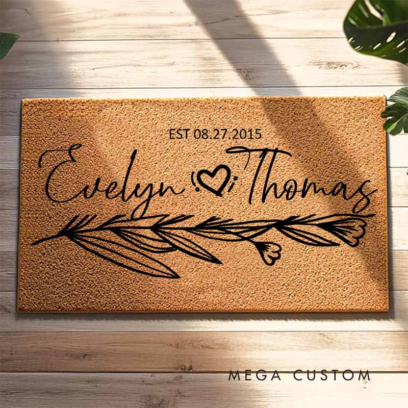 Personalized Couple Anniversary Doormat Wife Husband Wedding Anniversary Doormat Romantic Floral Branch Design Doormat with Name and Date