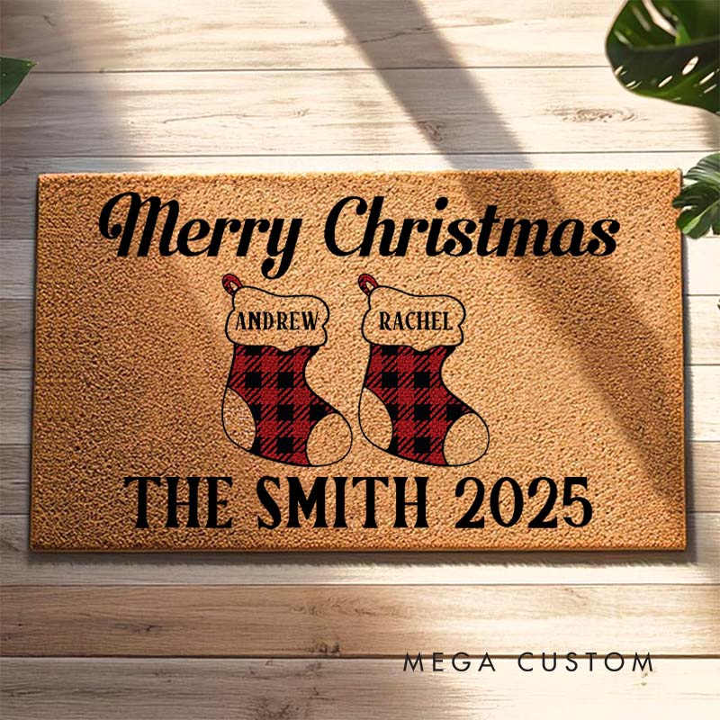 Personalized Couple Merry Christmas Plaid Stocking Doormat Custom Newlywed Last Name Xmas Door Mat Hubby Wifey Husband Wife Christmas Gift for Him Her