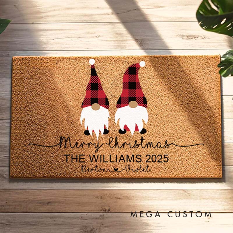 Personalized Couple Plaid Gnome Merry Christmas Doormat Custom Newlywed Name Xmas Door Mat Hubby Wifey Husband Wife Christmas Gift for Him Her