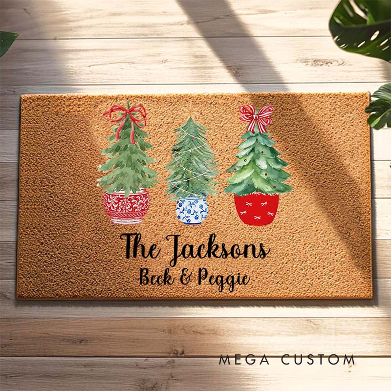 Personalized Couple Last Name with Christmas Tree Doormat Custom Newlywed First Name Xmas Door Mat Mr and Mrs Husband Wife Christmas Gift for Him Her
