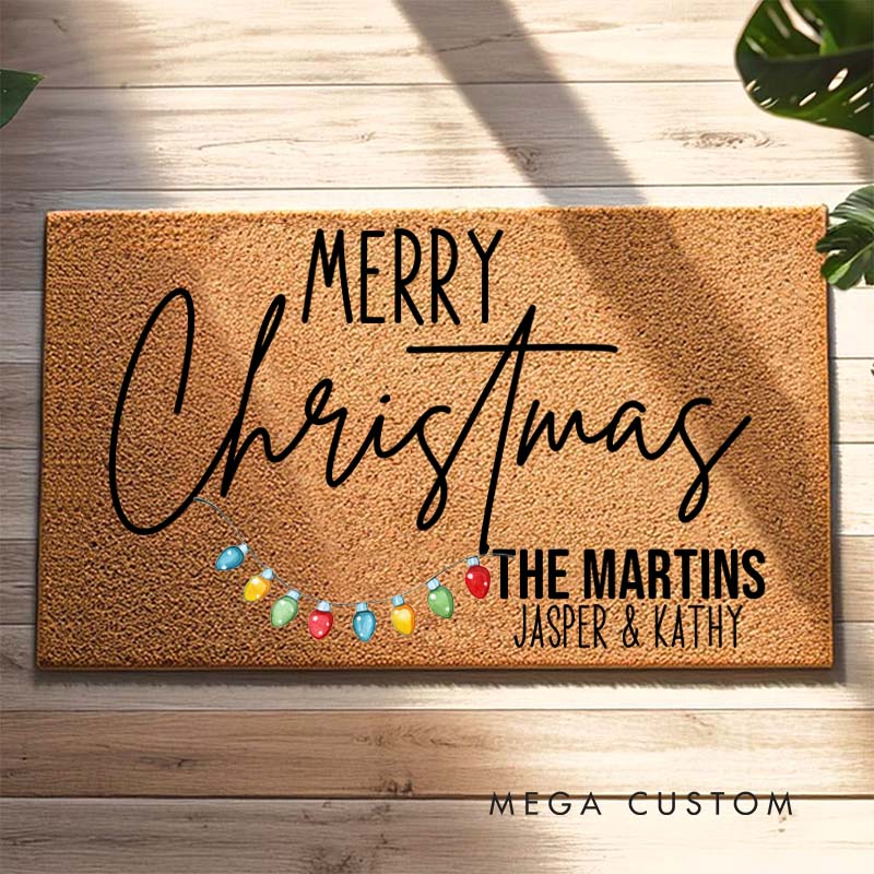Personalized Couple Last Name with Merry Christmas Light Doormat Newlywed First Name Xmas Door Mat Mr and Mrs Husband Wife Christmas Gift for Him Her