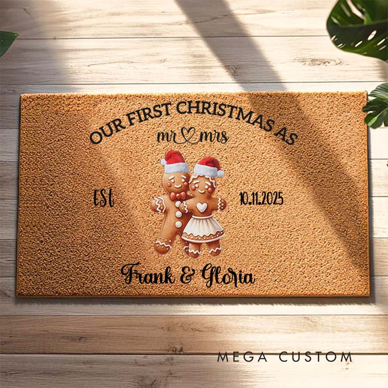Personalized Couple Our First Christmas as Mr. and Mrs. Doormat Custom Gingerbread Newlyweds Name Xmas Doormat Husband Wife Christmas Gift for Him Her
