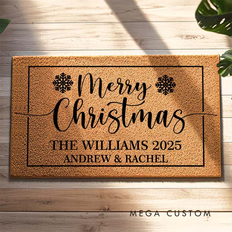 Personalized Couple Last Name Merry Christmas with Snowflake Doormat Custom Newlyweds First Name Xmas Doormat Husband Wife Christmas Gift for Him Her