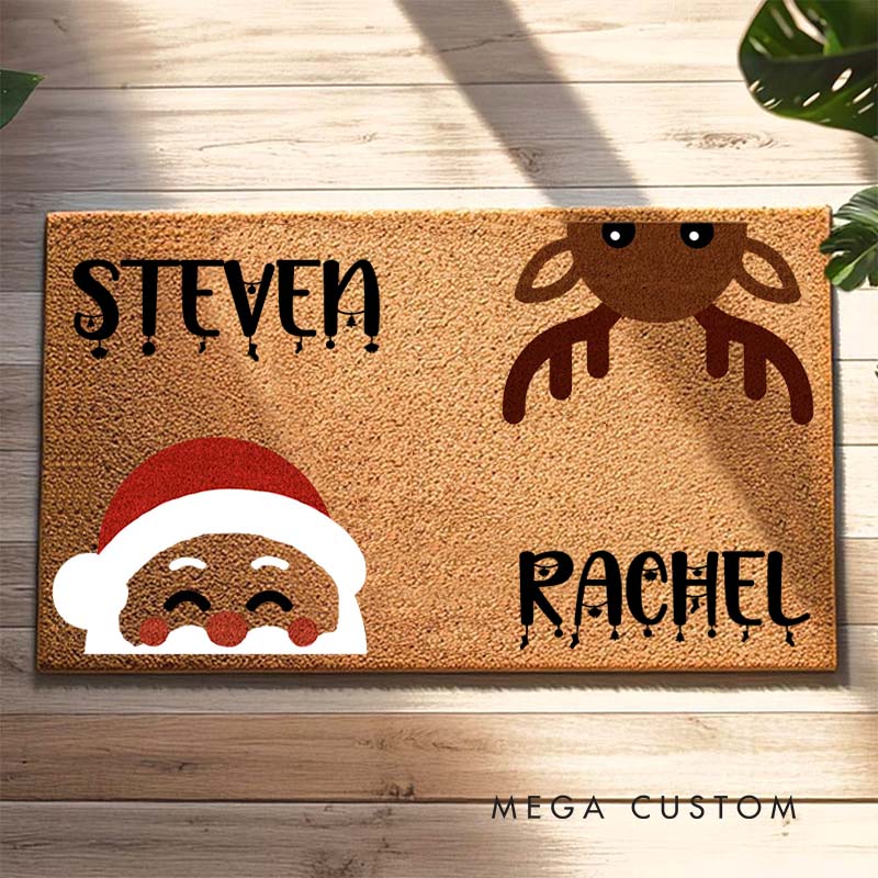 Personalized Couple Cute Santa and Reindeer Christmas Doormat Newlywed Name Xmas Doormat Husband Wife Boyfriend Girlfriend Christmas Gift for Him Her