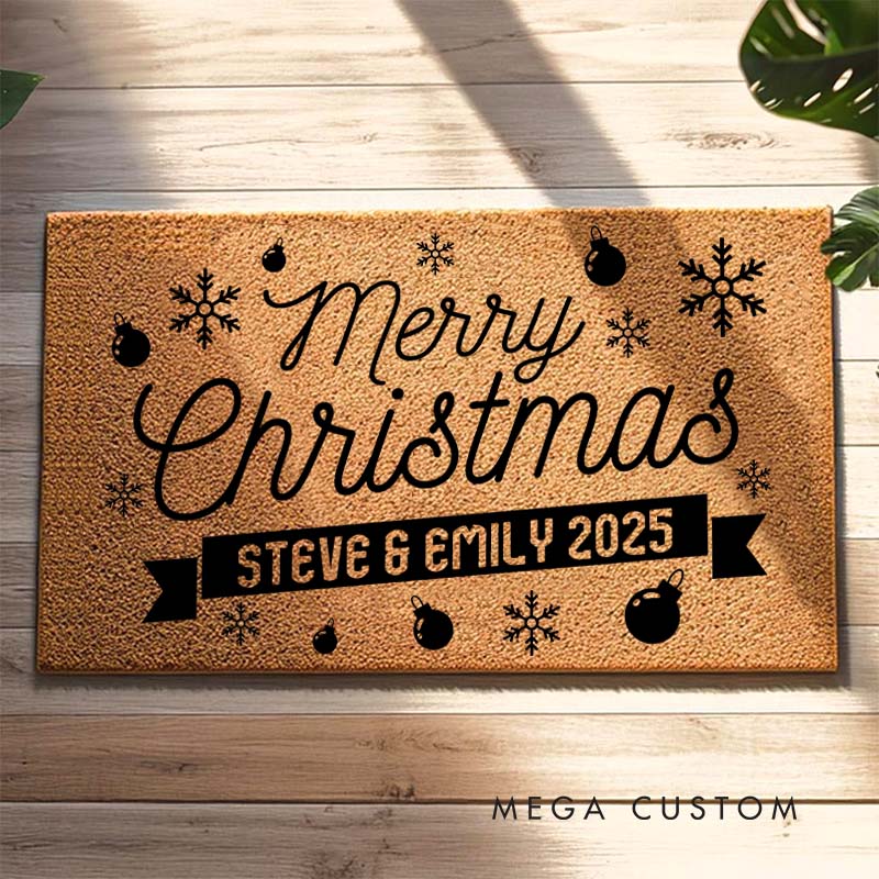Personalized Couple Merry Christmas with Ball and Snowflake Doormat Newlywed Xmas Doormat Husband Wife Boyfriend Girlfriend Christmas Gift for Him Her
