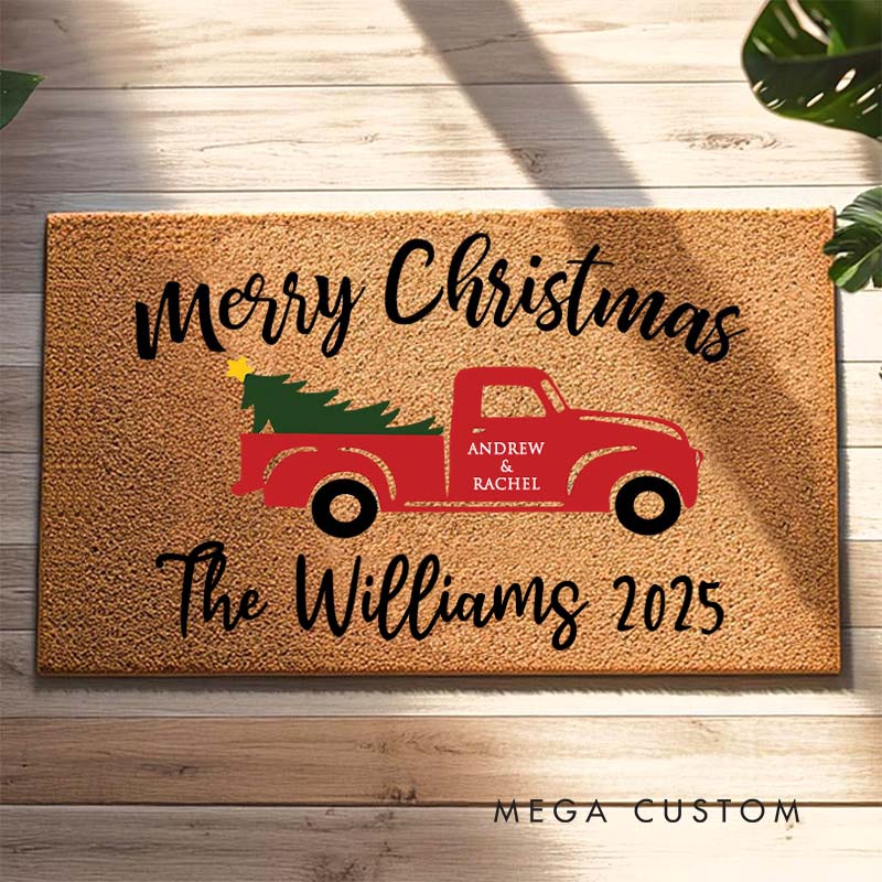 Personalized Couple Merry Christmas with Truck and Tree Doormat Newlywed Last Name Xmas Doormat Husband Wife Name Doormat Christmas Gift for Him Her