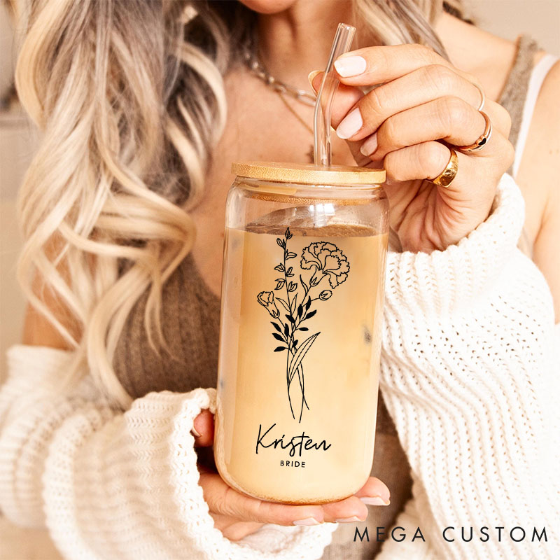 Personalized Bridesmaid Birth Flower Can Glasses with Lid and Straw Custom Bride Name Month Flower Coffee Cup Bridal Shower Bachelorette Party Gift