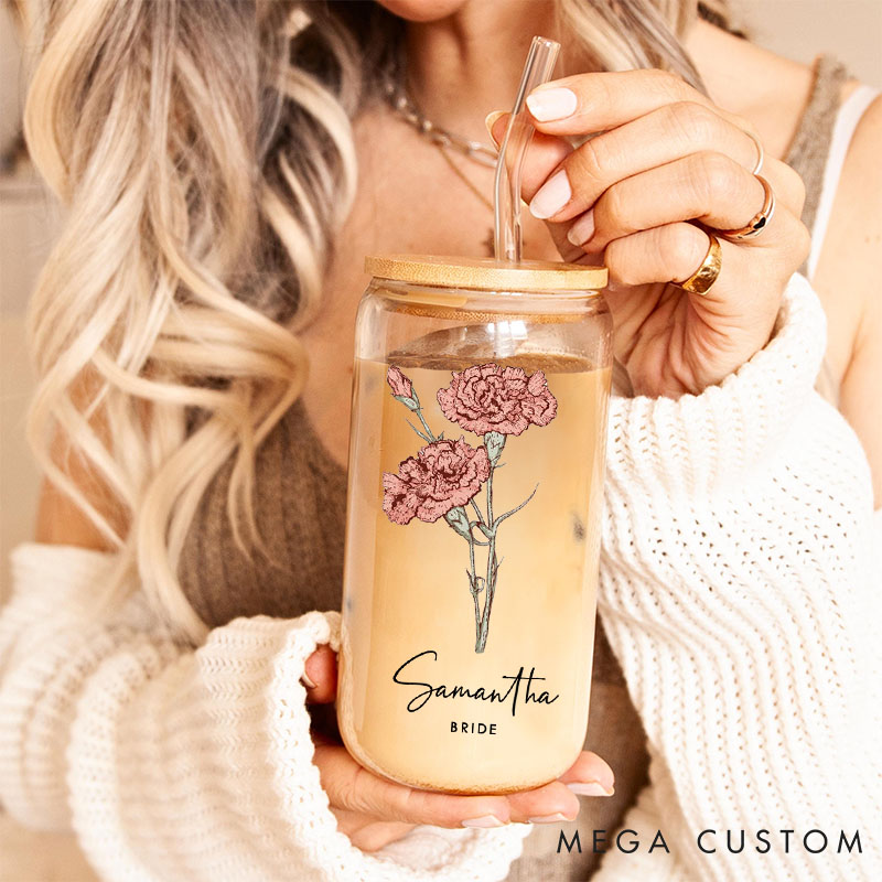 Personalized Elegant Bridesmaid Birth Flower Can Glasses with Lid and Straw Custom Bride Month Flower Coffee Cup Bridal Shower Bachelorette Party Gift