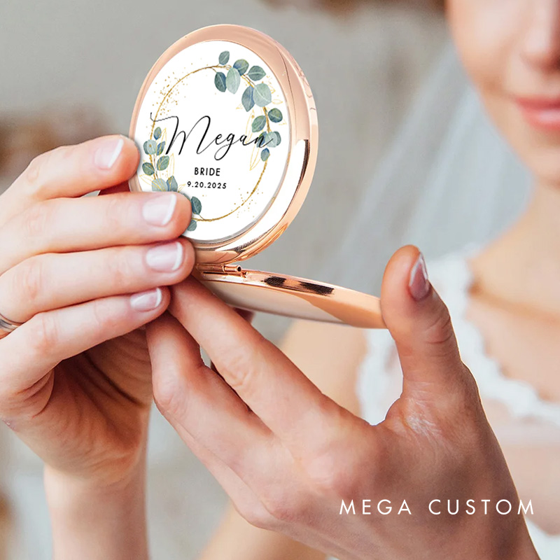 Personalized Bridesmaid Greenery Gold Eucalyptus Wreath Mirror Custom Bride Name Compact Mirror Bachelorette Party Mirror Bridal Shower Gift for Her