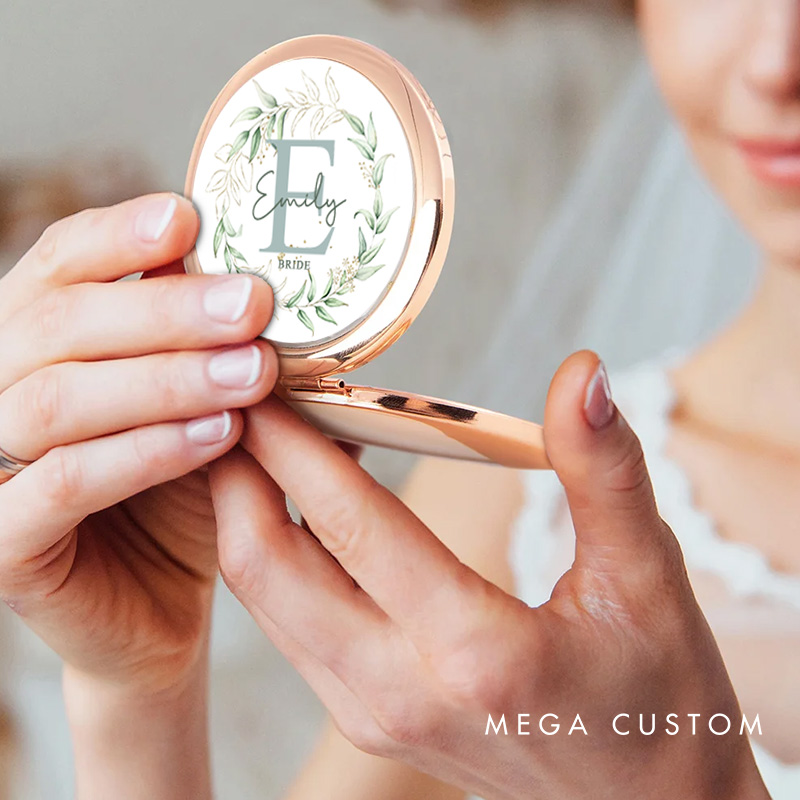 Personalized Bridesmaid Gold Leaf Round Wreath Mirror Custom Bride Name Compact Mirror Bachelorette Party Mirror Bridal Shower Gift for Her