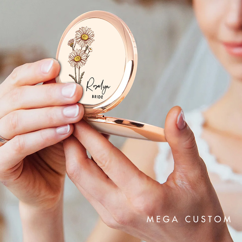 Personalized Bridesmaid Elegant Birth Flower Mirror Custom Bride Moth Flower Compact Mirror Maid of Honor Bachelorette Party Mirror Bridal Shower Gift