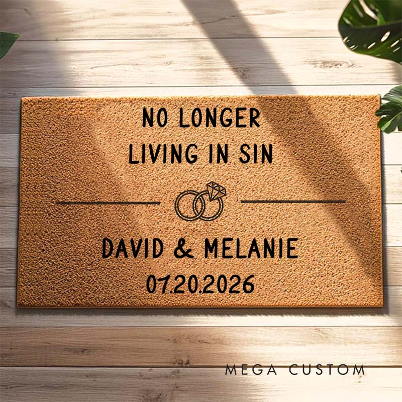 Personalized Couple No Longer Living in Sin Doormat Custom Newlyweds Name Doormat with Established Date New Couple Wedding Engagement Gift for Him Her