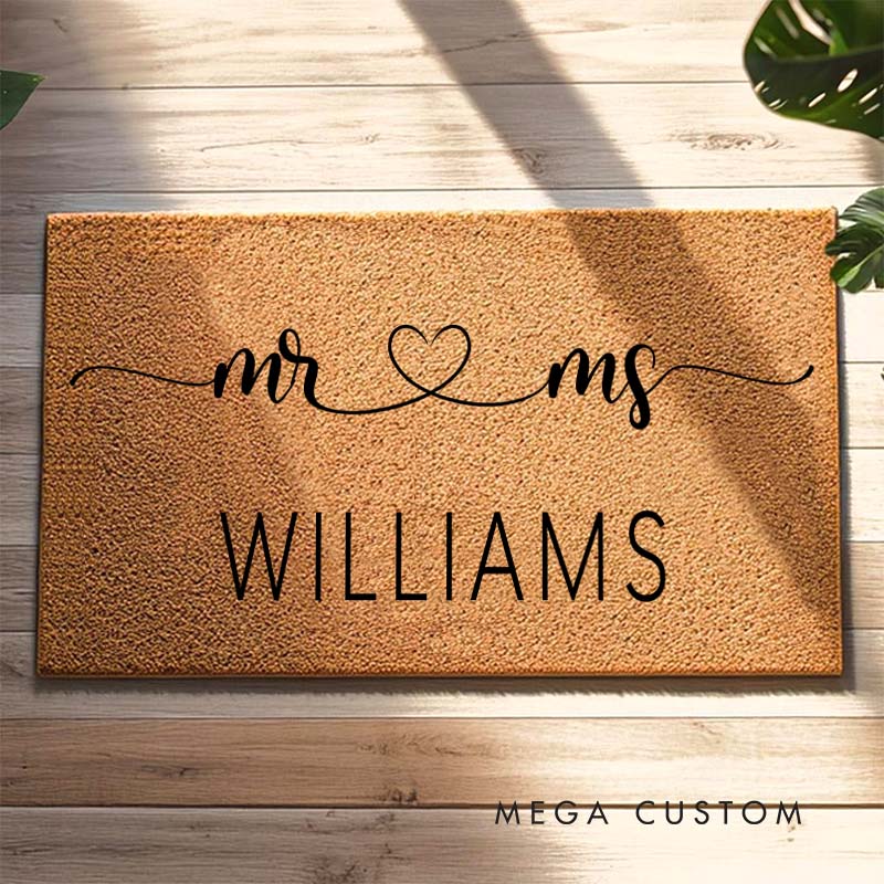 Personalized Couple Mr and Mrs with Heart Doormat Custom Newlyweds Last Name Door Mat Valentine's Day Hubby Wifey Husband Wife Gift for Him Her