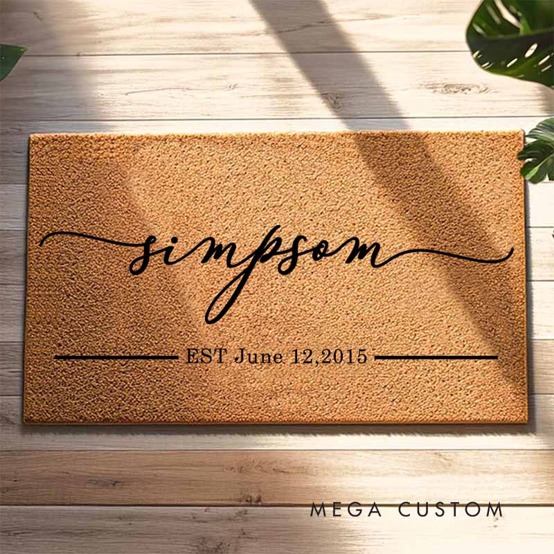Personalized Anniversary Doormat Elegant Script Last Name Couple Doormat with Established Year Couple Wedding Anniversary Doormat